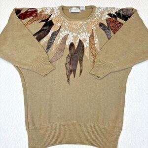 Maurada Womens Sweater Size L Brown Knit Floral Lace Flames Unique Pullover Vtg